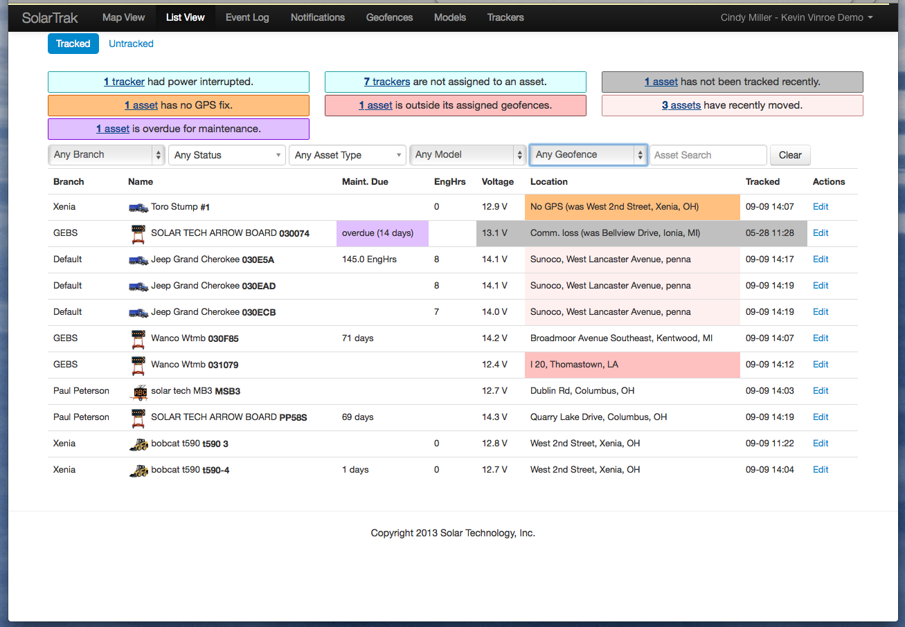 The SolarTrak List View screen