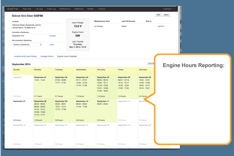 Check equipment operation with Engine-Hours Reporting.