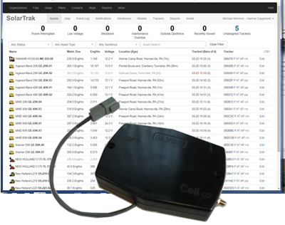 SolarTrak's Equipment List Screen and GPS Tracker