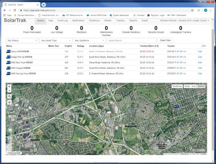 SolarTrak's Map and Equipment List View